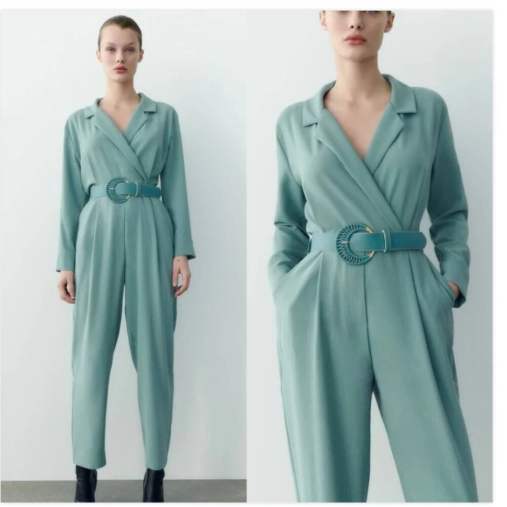 Zara Jumpsuit Belted Long Sleeve Teal Blue Green